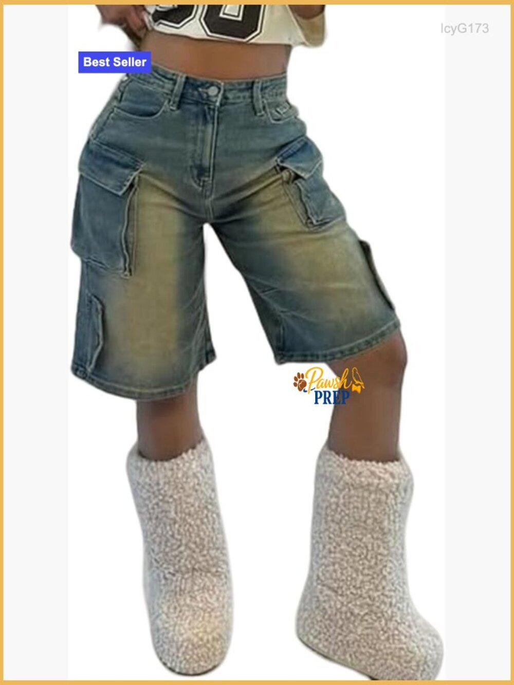 High Waisted Distressed Denim Cargo Shorts Straight Leg with Pockets